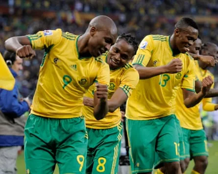 The South Africa team celebrate after Siphiwe Tshabalala scored the opening goal against Mexico in Johannesburg, South Africa, 11 June 2010