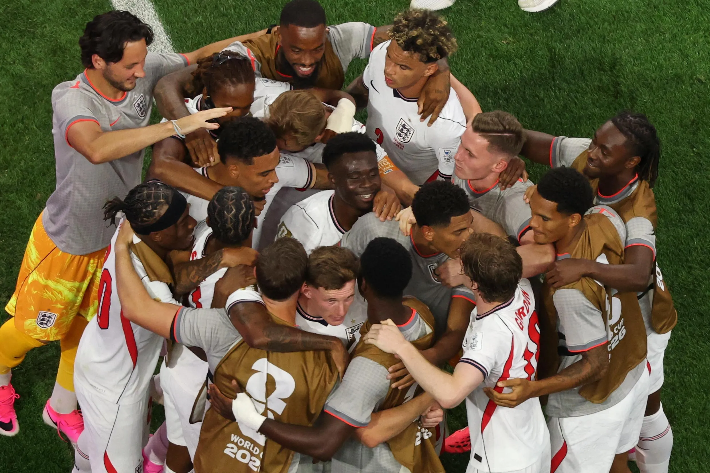 England players celebrate after Marcus Rashford scored the fourth goal.