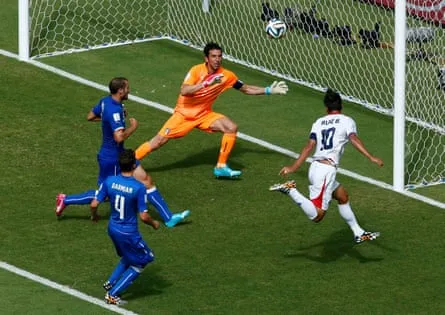 Costa Rica’s Bryan Ruiz scores against Italy’s Gianluigi Buffon in Recife, Brazil, 20 June 2014