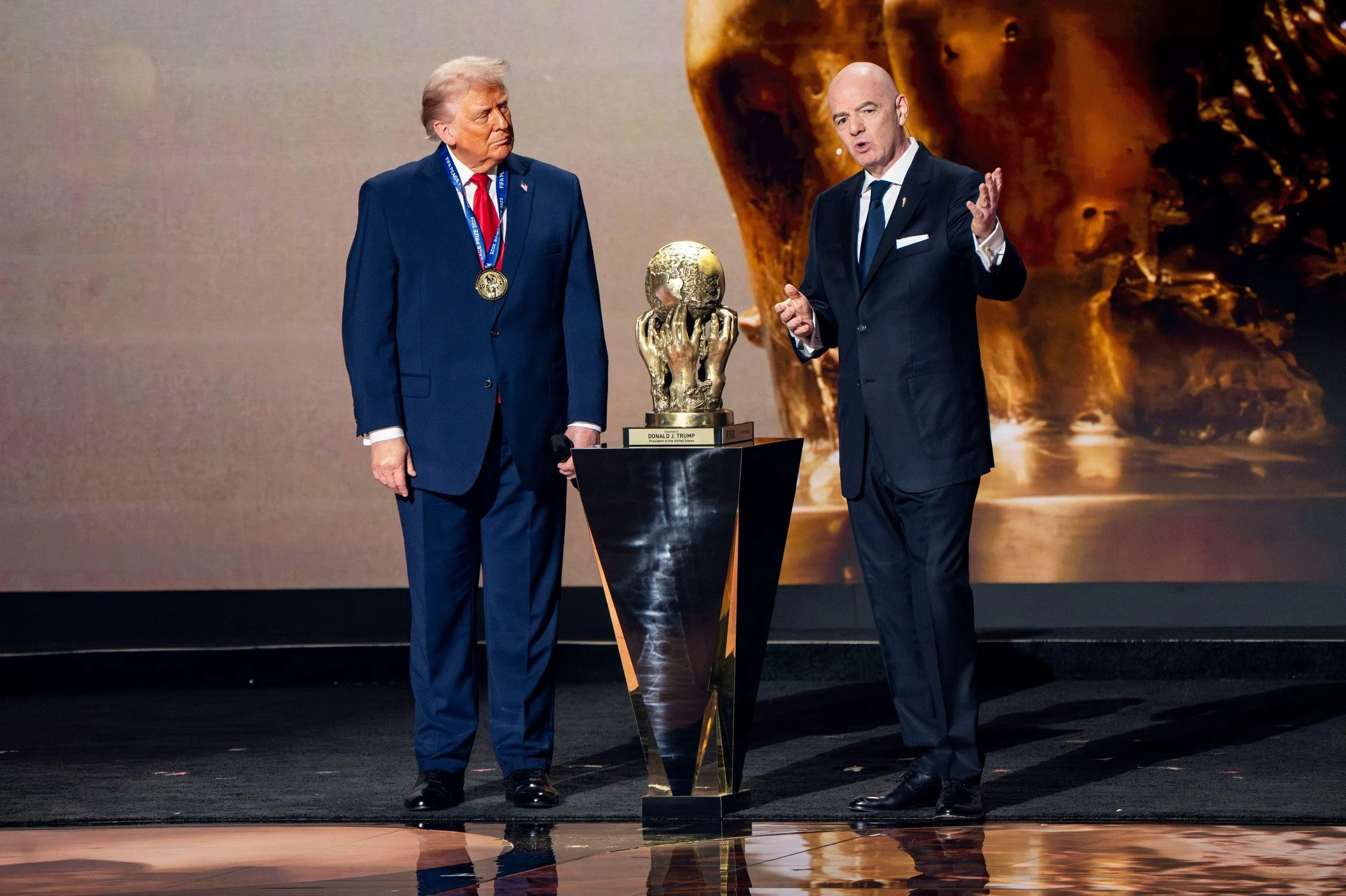 Gianni Infantino presenting Donald Trump with the Fifa peace prize in December
