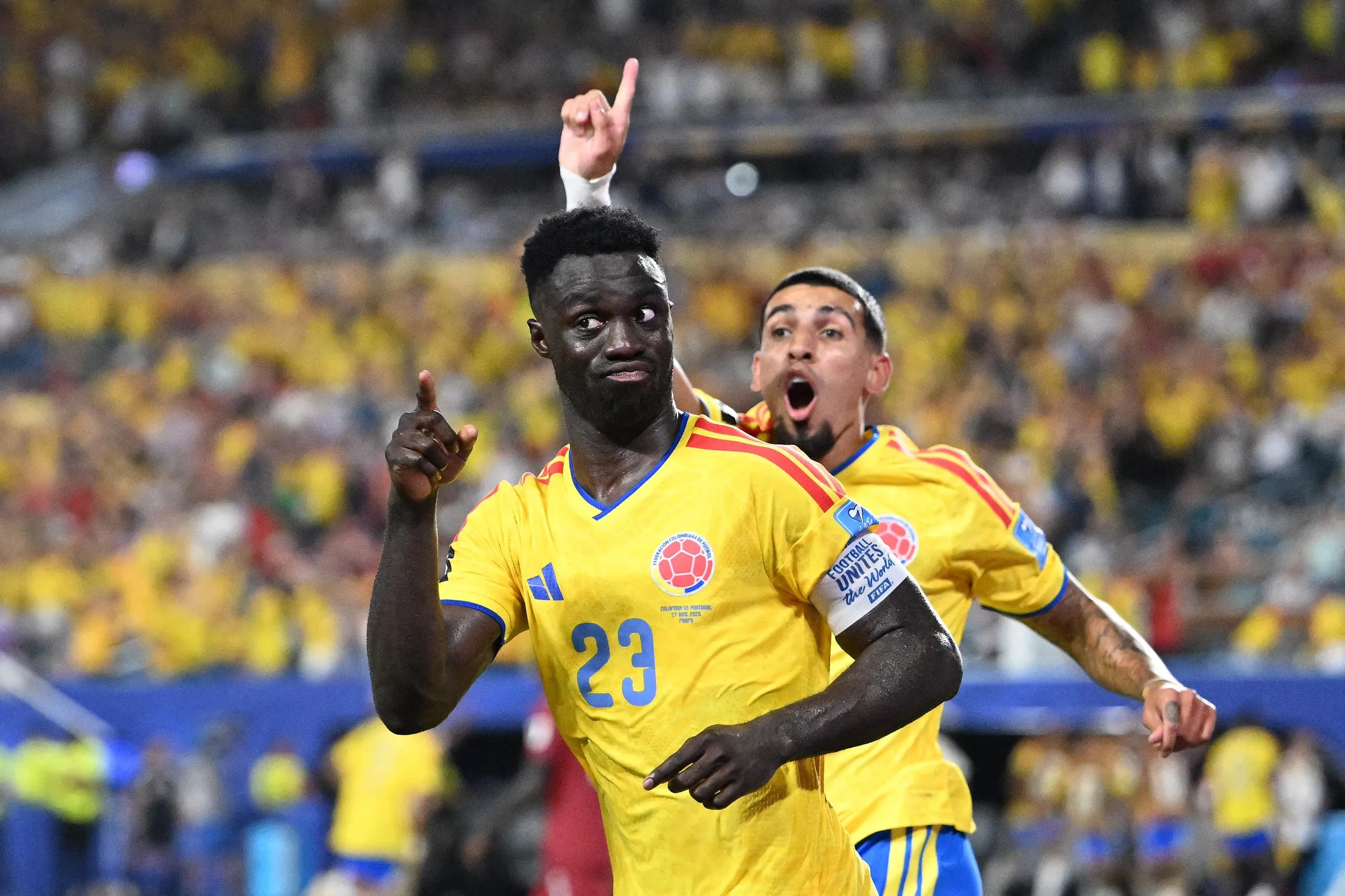 Colombia’s Davinson Sánchez sees the assistant referee’s flag after thinking he had scored the winner