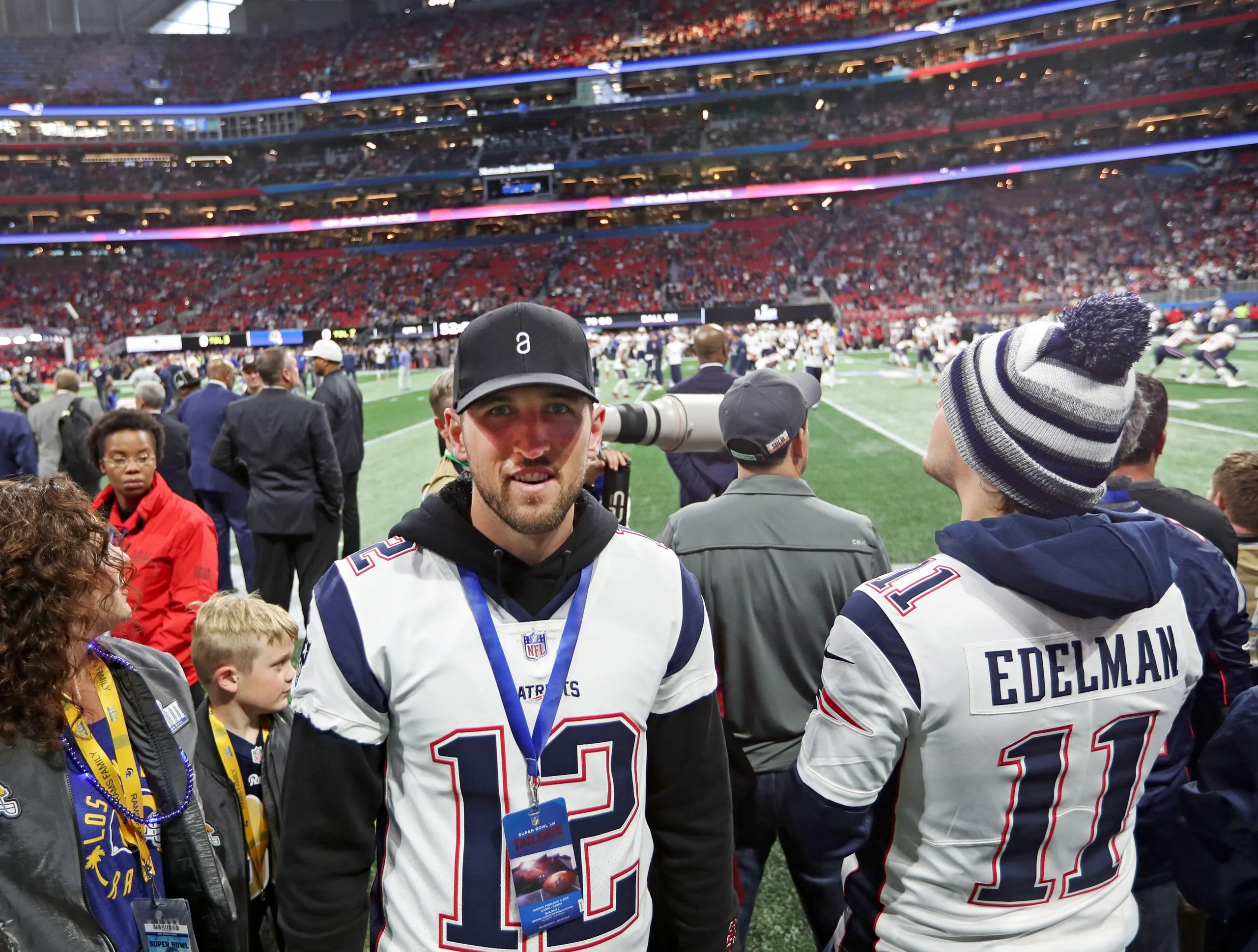 Harry Kane of Tottenham Hotspur on the sidelines of Super Bowl LIII.