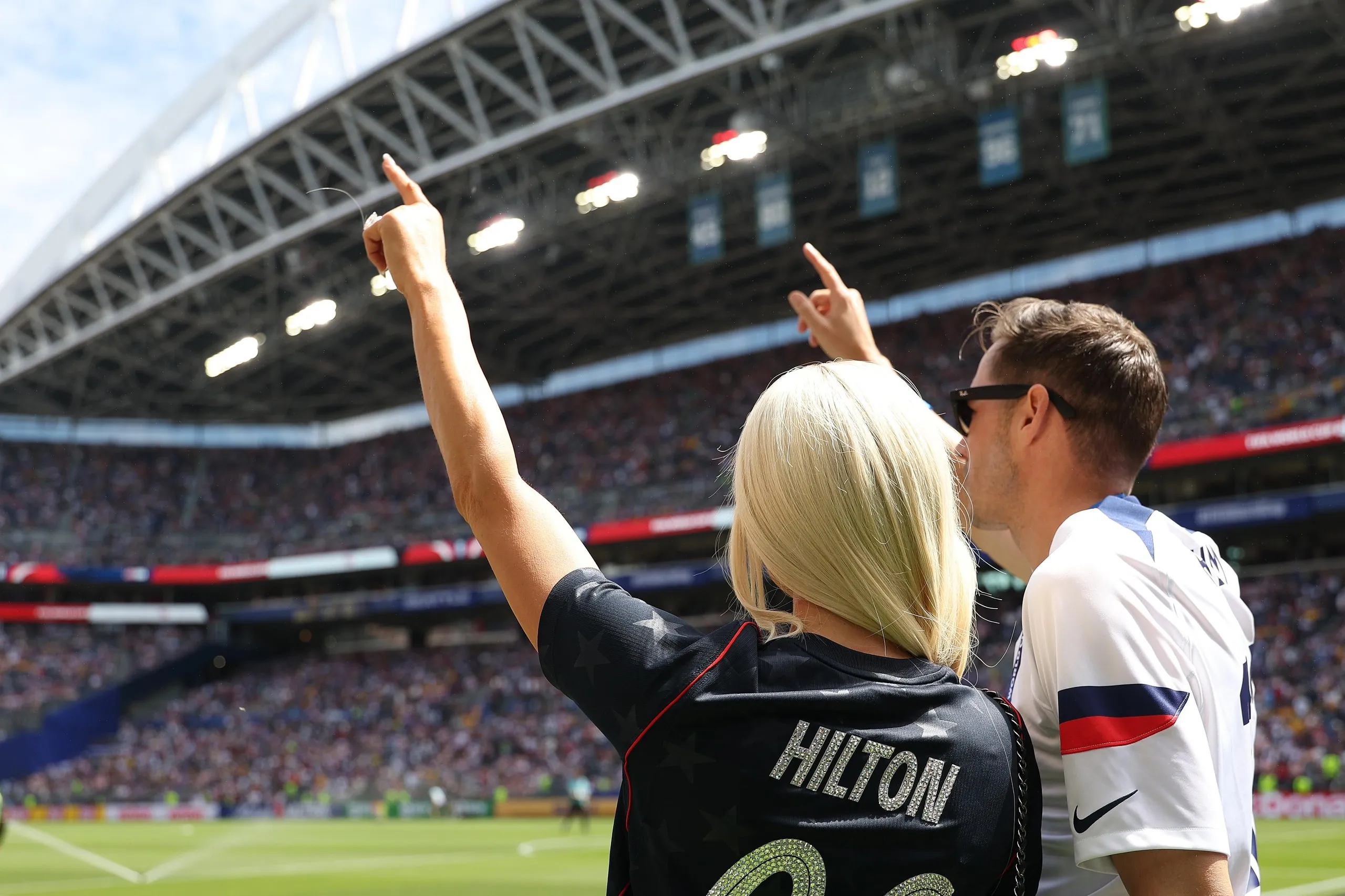 Paris Hilton sports a bedazzled jersey at the USA-Australia match.