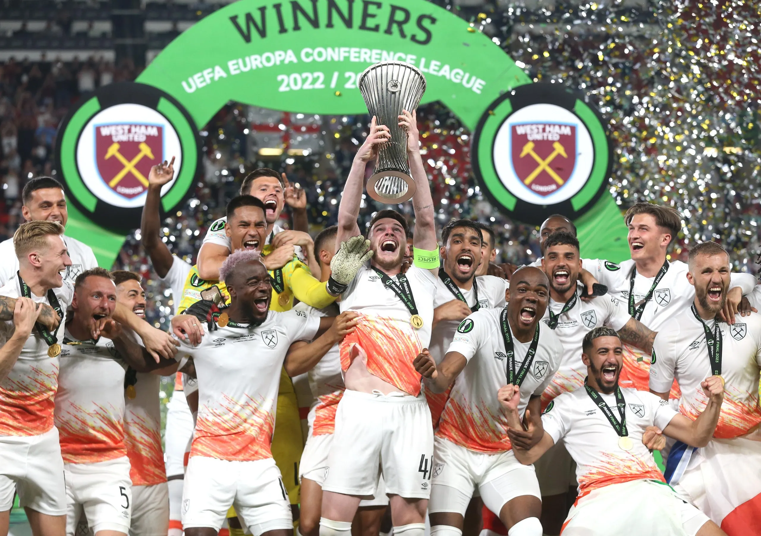 Declan Rice lifts the Europa Conference League trophy after West Ham beat Fiorentina in June 2023