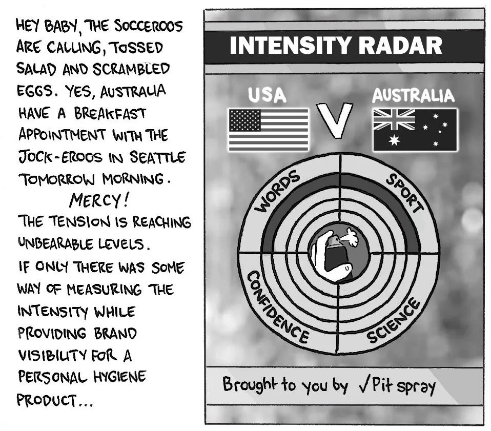 David Squires cartoon about Australia world cup, panel 1