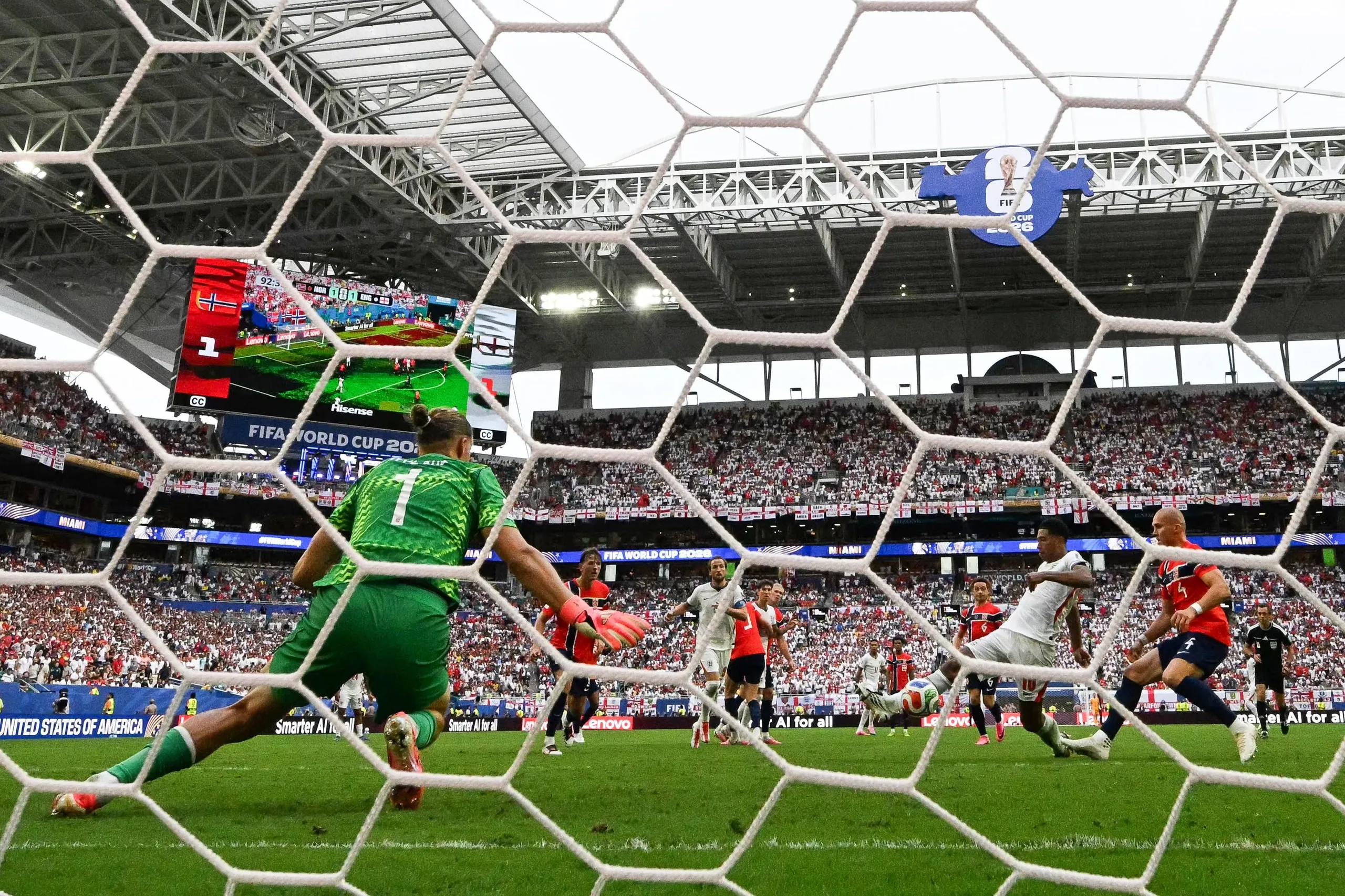 Jude Bellingham pounces on an error to score England’s winning goal against Norway.