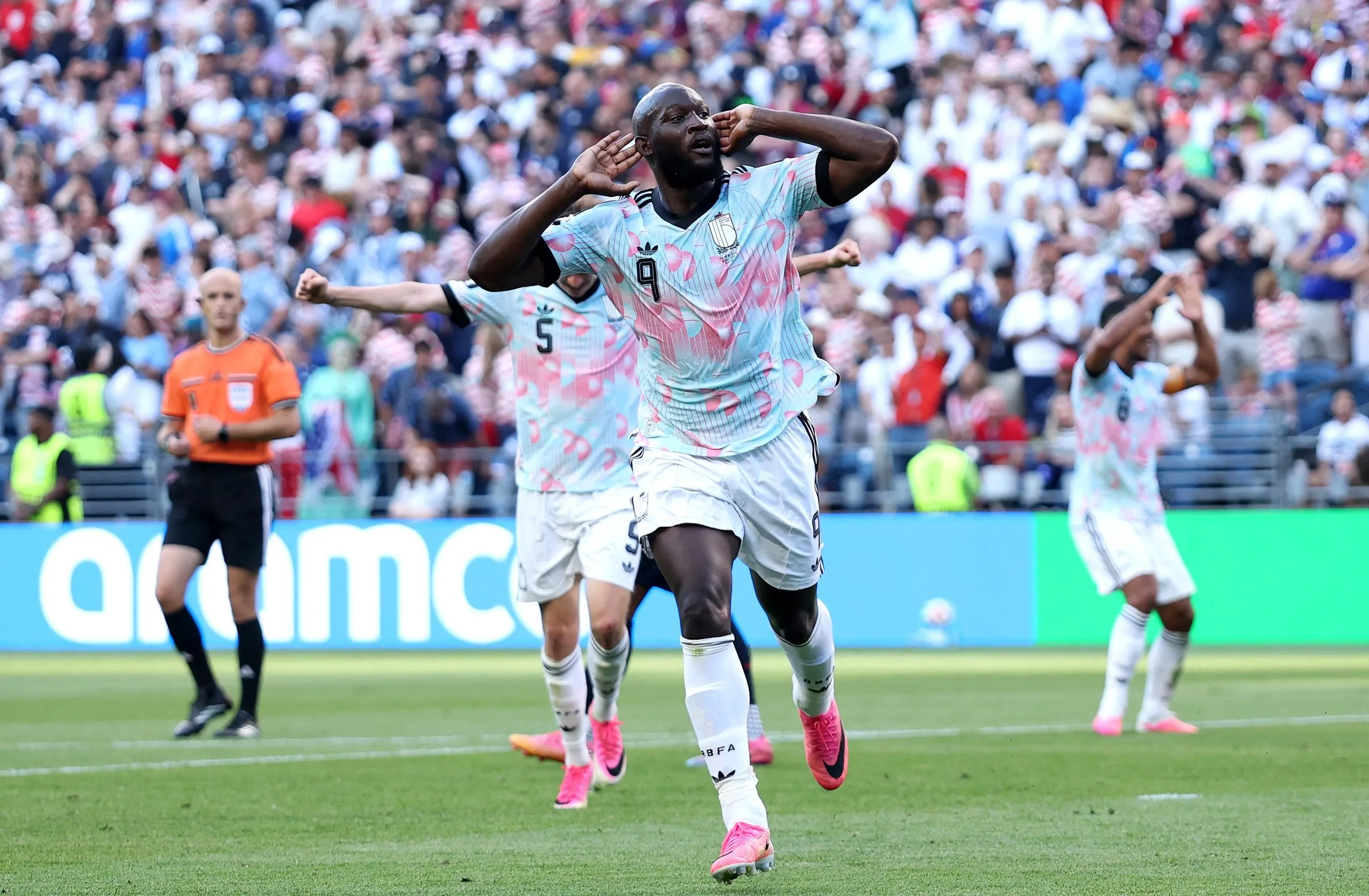Romelu Lukaku celebrates scoring Belgium’s fourth goal against the USA