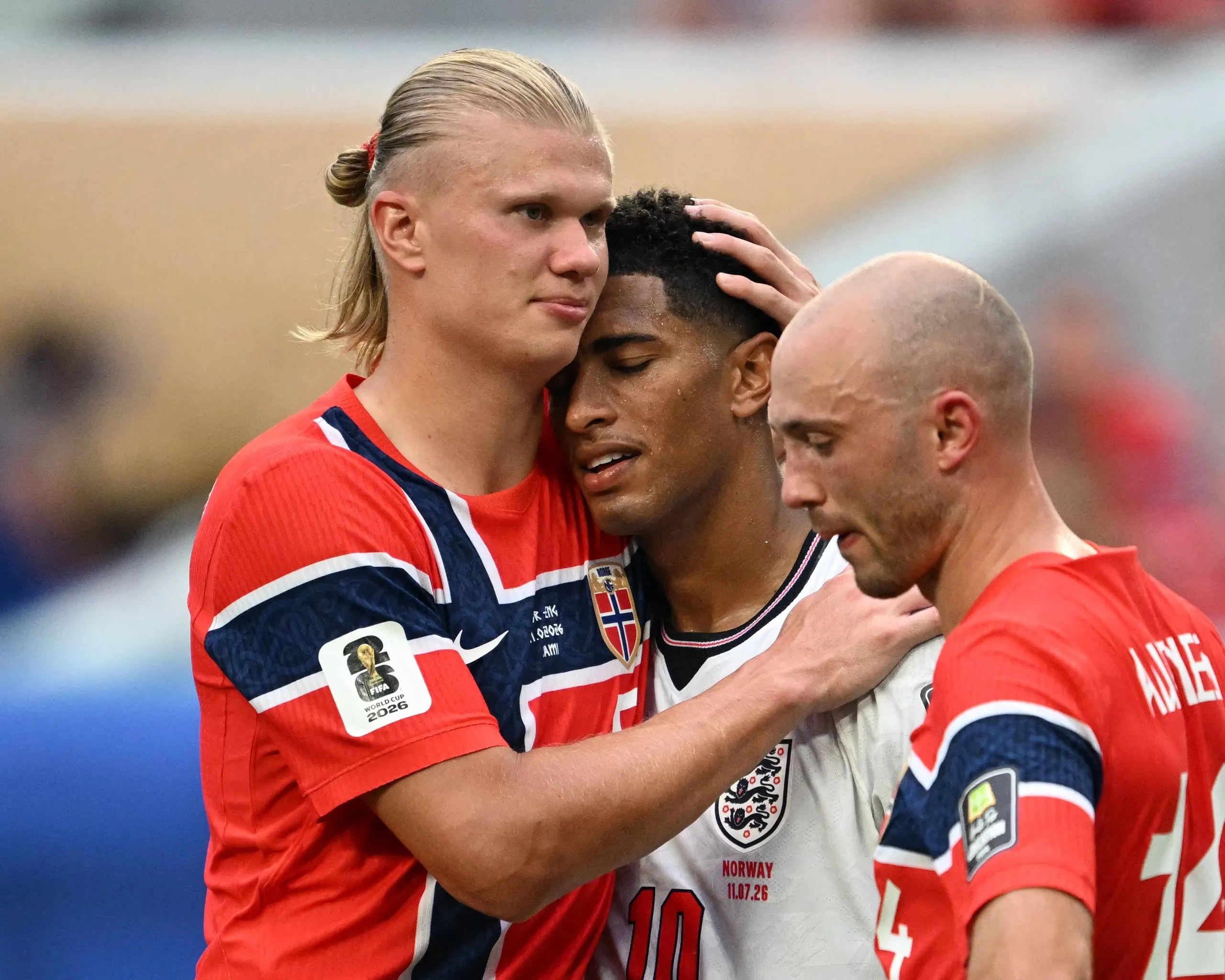 Erling Haaland goes out of his way to congratulate Jude Bellingham after England knock out Norway