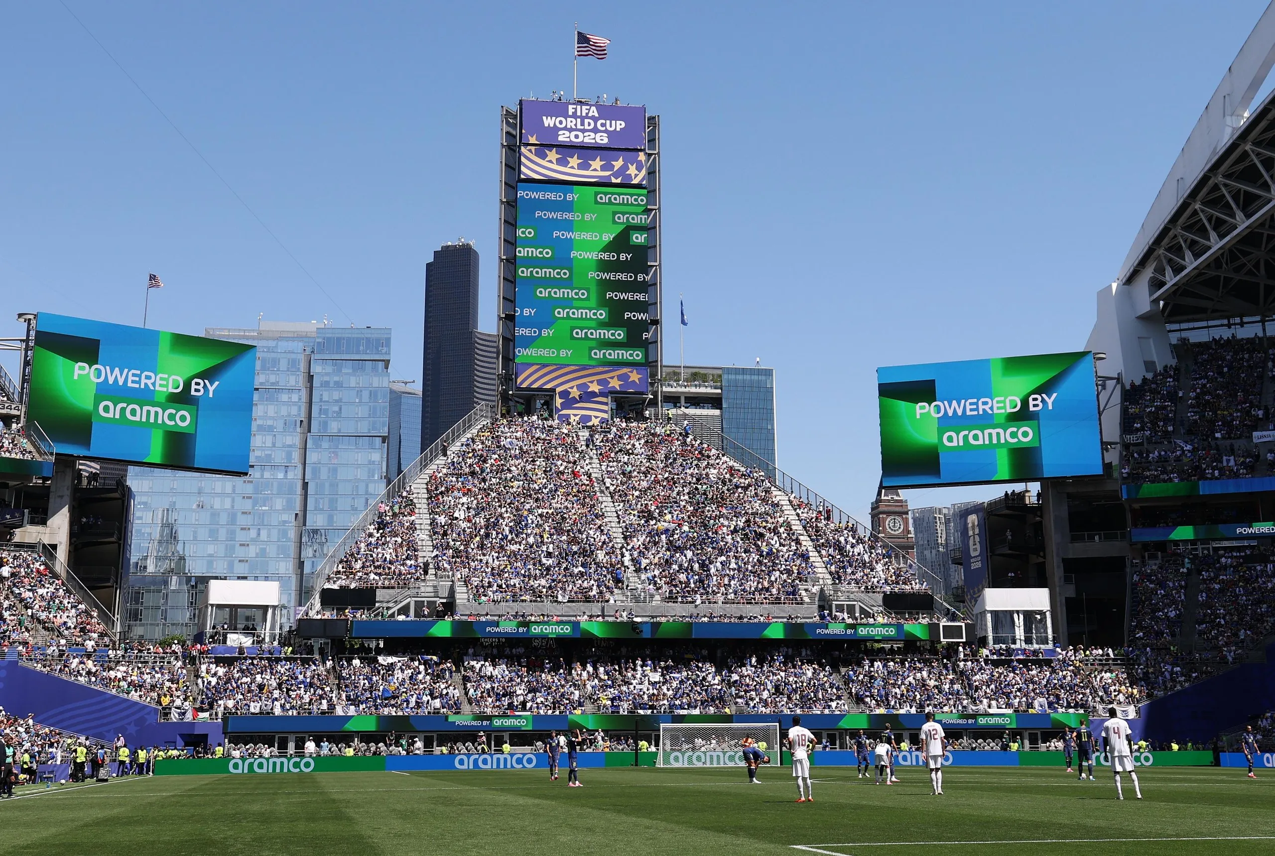 Aramco advertising at Seattle Stadium during the World Cup group match between Bosnia and Herzegovina and Qatar.