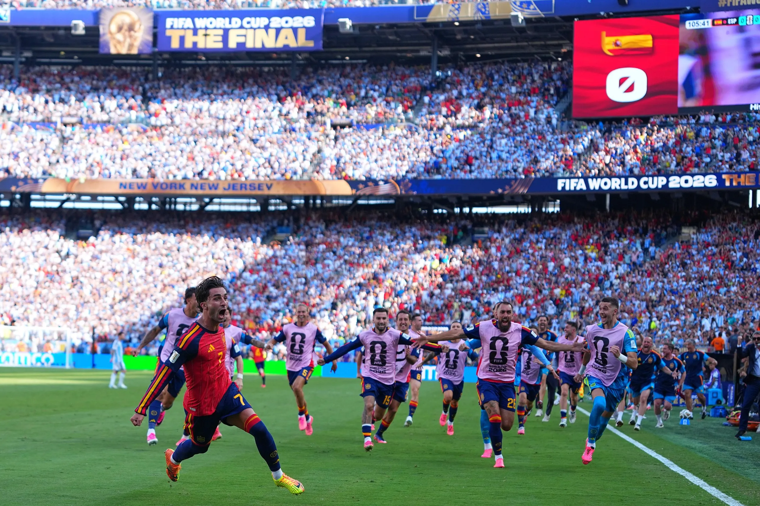 Spain’s Ferran Torres celebrates scoring against Argentina in the final